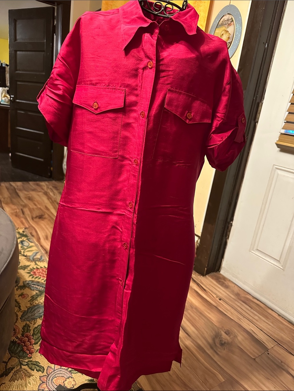 Bright Pink Button-Front Trench Shirt Dress